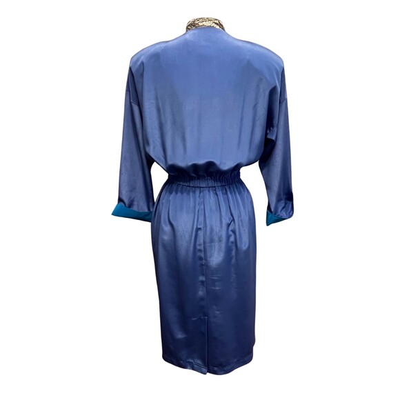 Vintage 90s Dress‎ Leslie Fay Midi Belt Pockets Satin Blue Retro Long Sleeves 10 - Picture 2 of 16
